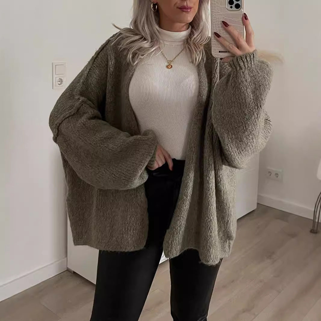 Damen Strickjacke Kuschelig Voluminöse Ärmel Grau Eveloria