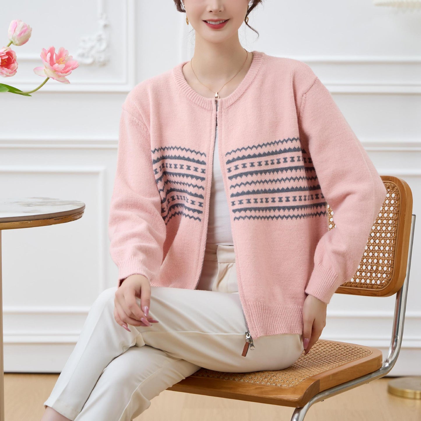 Damen Strickjacke Nordic Muster Reißverschluss Eveloria