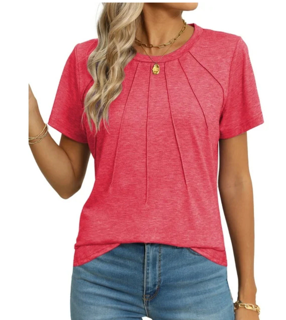 Eveloria Damen Rundhals T-Shirt Plissee Weiss