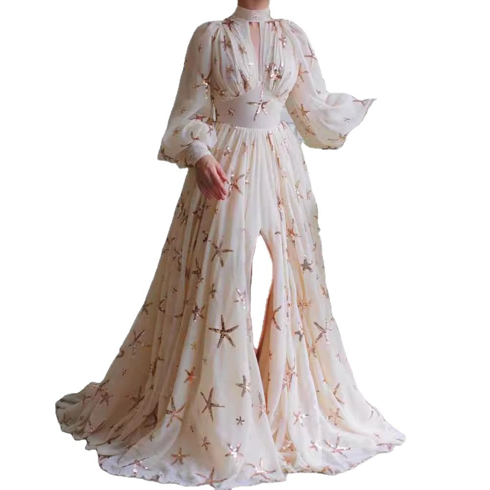 Damen Abendkleid Paillettenbesatz Eleganter Kragen