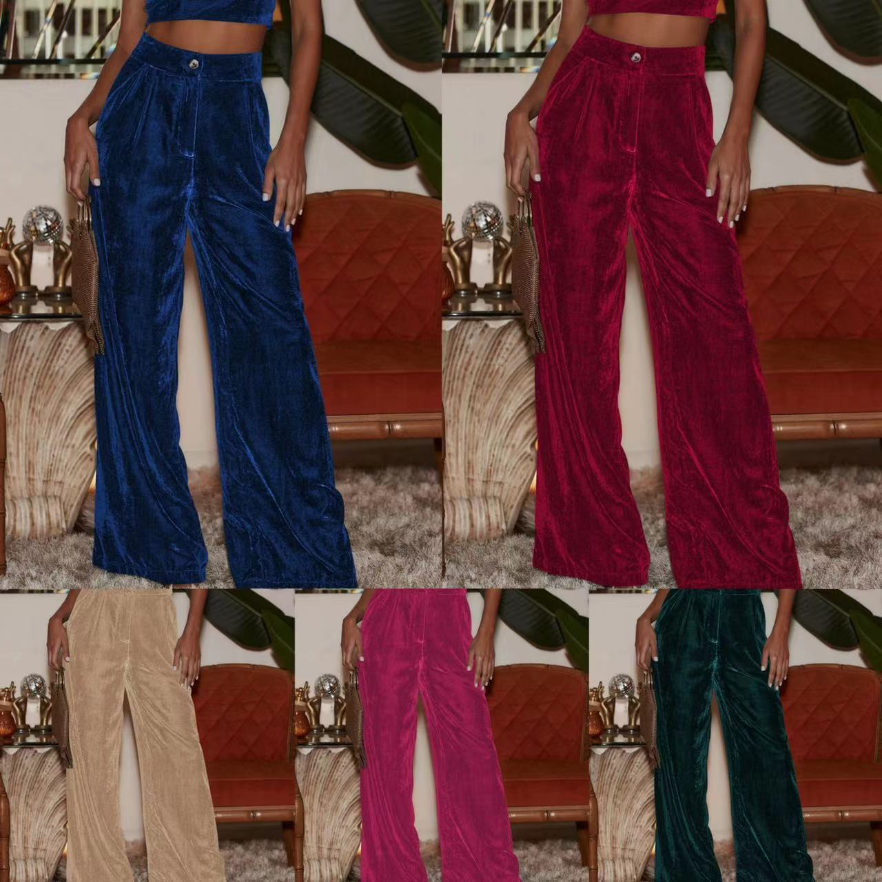 Damen Samt-Hosen Weite Passform Hohe Schlitze Schwarz Eveloria - Eveloria