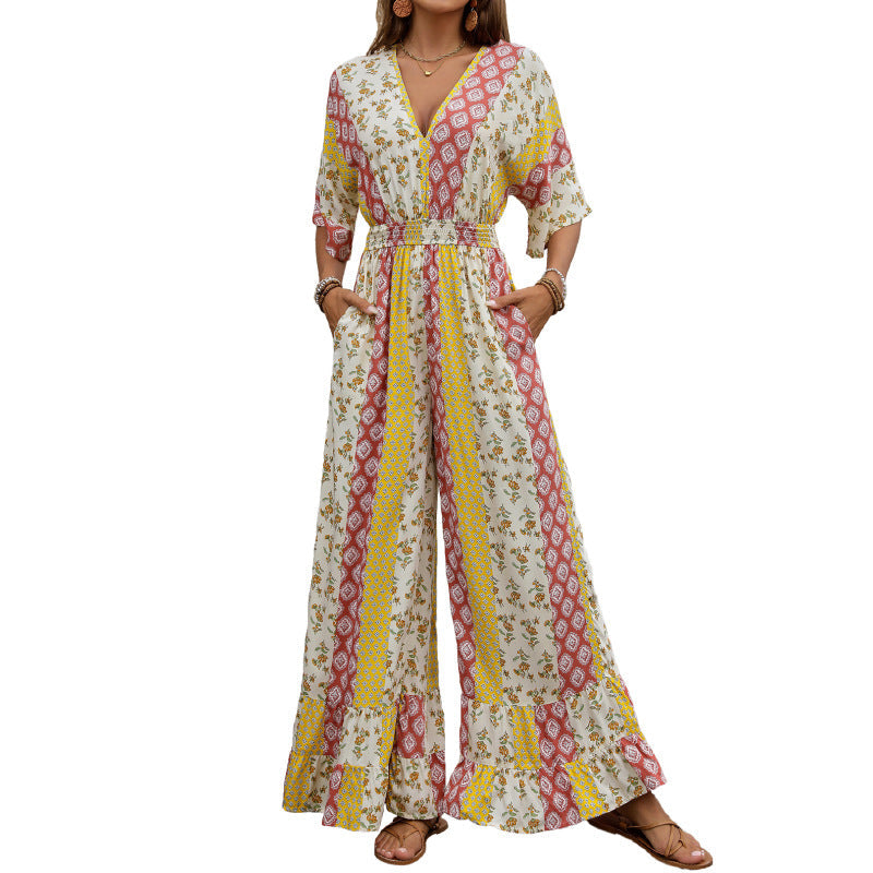 Damen Jumpsuit Floralmuster Weite Beine Eveloria