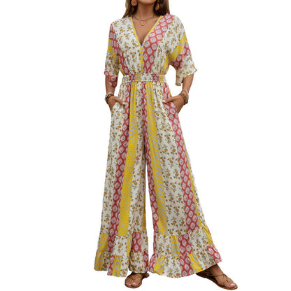 Damen Jumpsuit Floralmuster Weite Beine Eveloria
