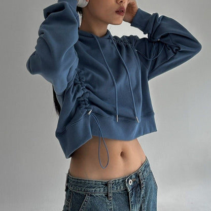 Damen Cropped Kapuzenpullover Verstellbarer Kordelzug Grau Eveloria