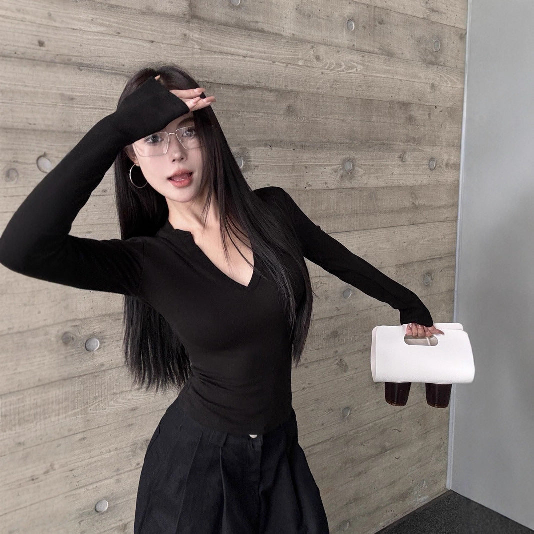 Damen Langarmshirt V-Ausschnitt Figurbetonter Stoff Eveloria
