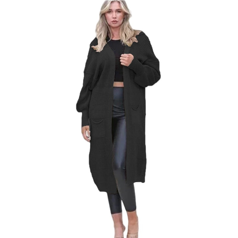 Damen Cardigan Grobstrick Offene Taschen Lässig Beige