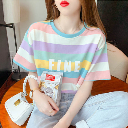 Damen T-Shirt Bunt Streifenmuster Baumwolle Weiss