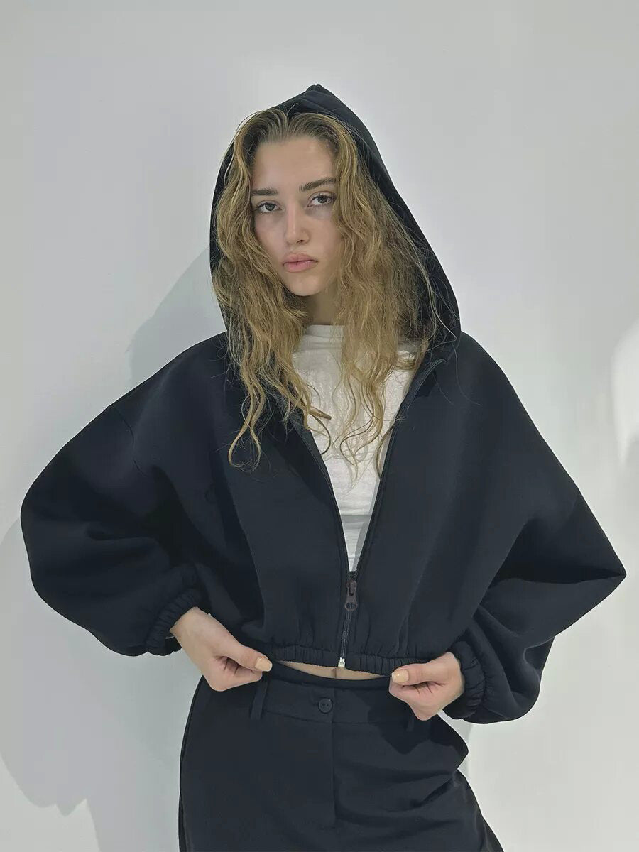 Damen Cropped Kapuzenpullover Voluminöse Ärmel Eveloria