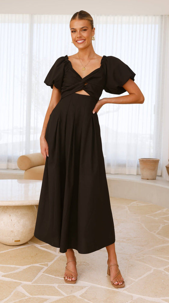 Damen Midikleid Puffärmel Verspielter Knoten Detail