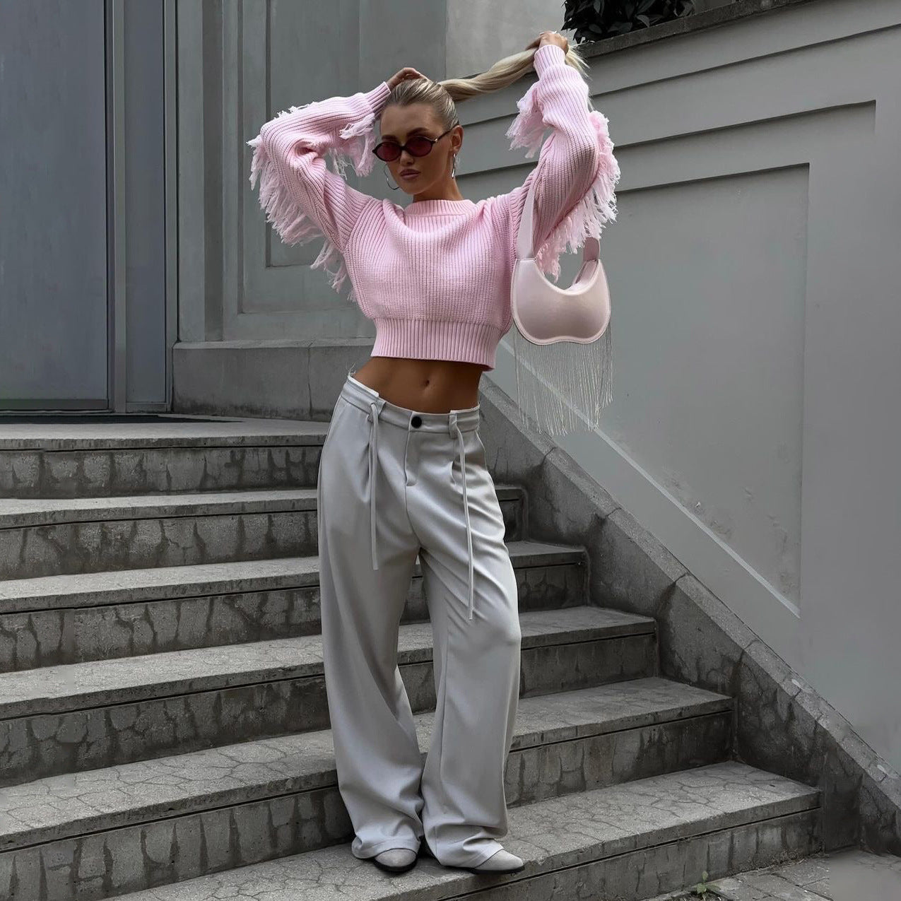 Damen Crop-Pullover mit Fransen Eveloria