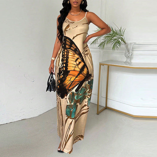 Damen Maxikleid Spaghettiträger Schmetterlingsdruck Eveloria - Eveloria