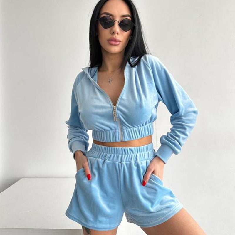 Damen Sweatshirt-Shorts-Set Hochkragen Kordelzug Grau - Eveloria