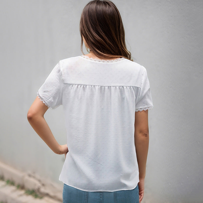 Damen Blusenshirt Luftig Spitze V-Ausschnitt Weiß