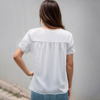 Damen Blusenshirt Luftig Spitze V-Ausschnitt Weiß