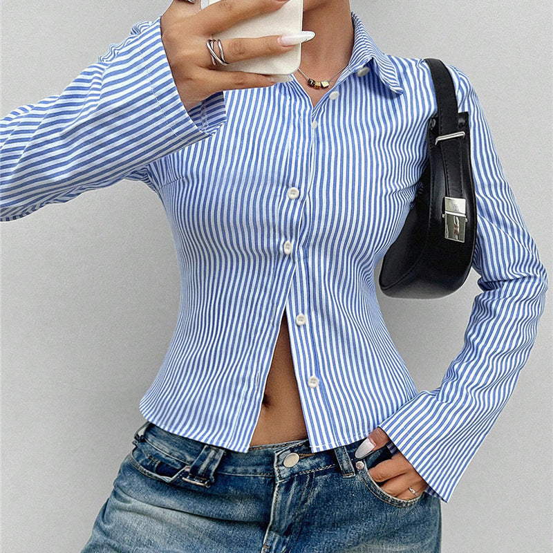 Damen Langarmbluse Schmalstreifen Manschetten Bluse Eveloria
