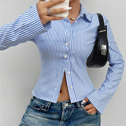 Damen Langarmbluse Schmalstreifen Manschetten Bluse Eveloria