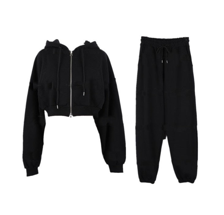 Damen Set Cropped Kapuzenjacke Jogginghose Eveloria