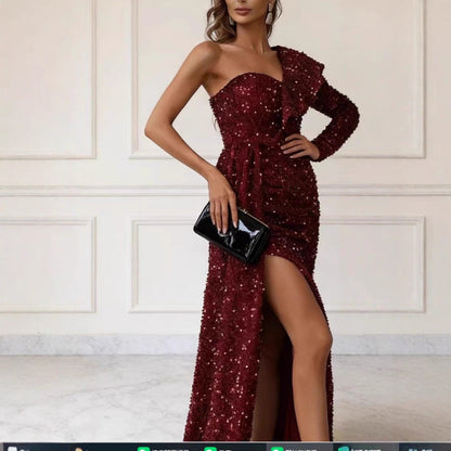 Damen Abendkleid Asymmetrisch Pailletten Eveloria