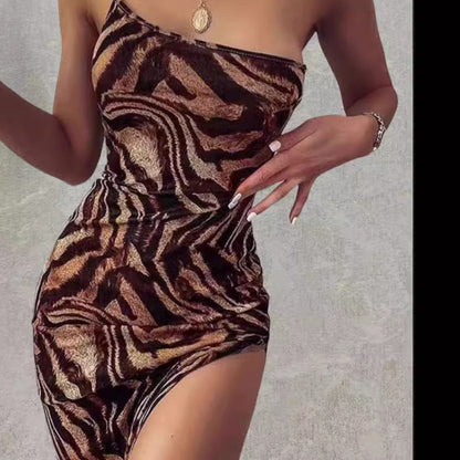 Damen Minikleid Asymmetrisch Animal-Print Schwarz - Eveloria