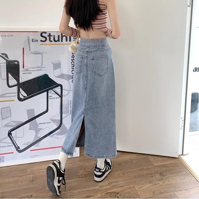 Damen Midi-Denimrock Lässig Mit Seitenschlitzen Blau Eveloria