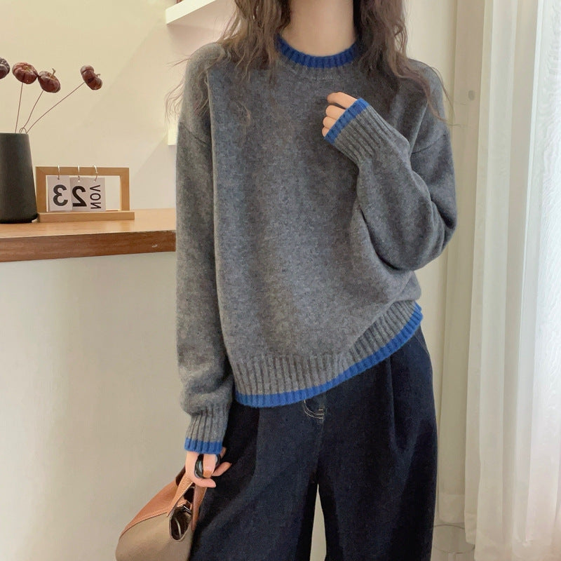 Damen Strickpullover Weich Kontrastbündchen