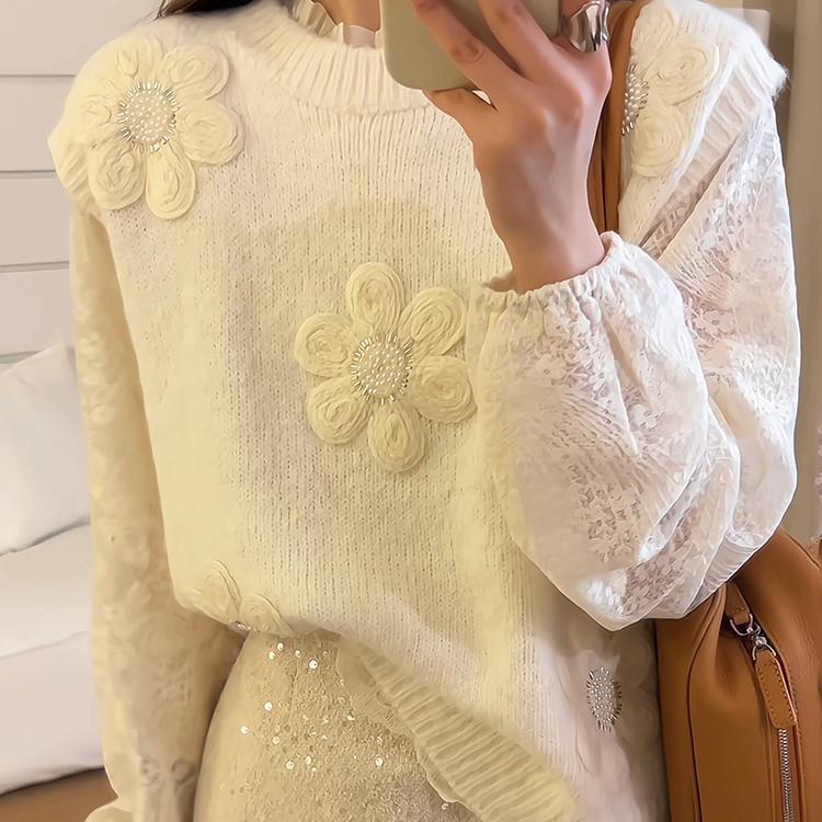 Damen Strickpullover Floral 3D-Applikation Eveloria