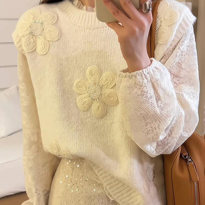Damen Strickpullover Floral 3D-Applikation Eveloria