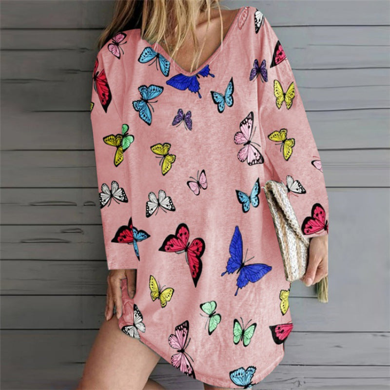 Damen Freizeitkleid mit Schmetterlingsmuster V-Ausschnitt Bunt