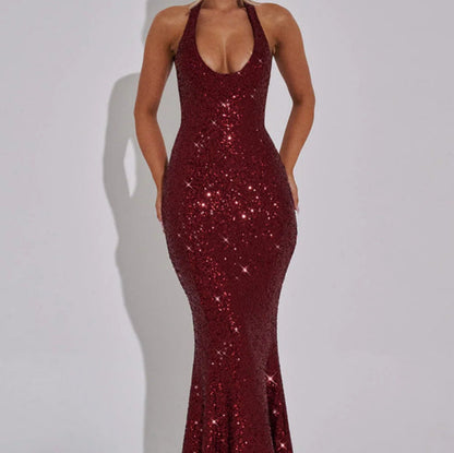 Damen Maxi-Kleid Pailletten V-Ausschnitt schmal Eveloria