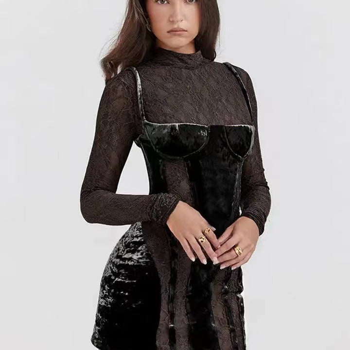 Damen Minikleid Spitze Samt Figurbetont Eveloria