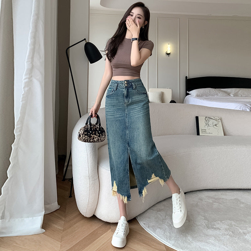 Damen Denimrock Lang Mit Seitlichem Schlitz Und Fransen