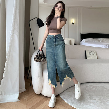 Damen Denimrock Lang Mit Seitlichem Schlitz Und Fransen