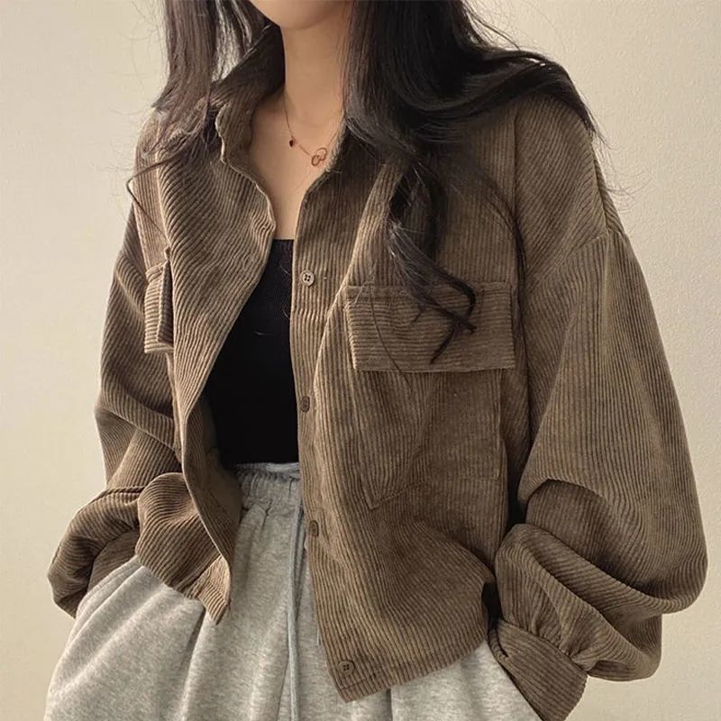 Damen Cordjacke Voluminöse Ärmel Braun Eveloria - Eveloria