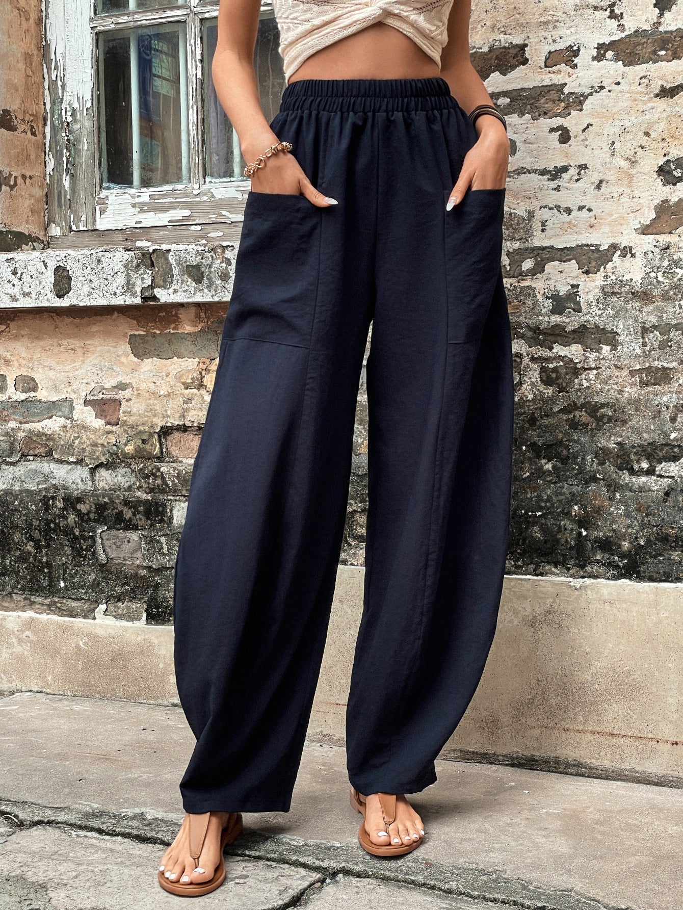 Damen Haremshose Elastischer Bund Weite Bein mit Taschen