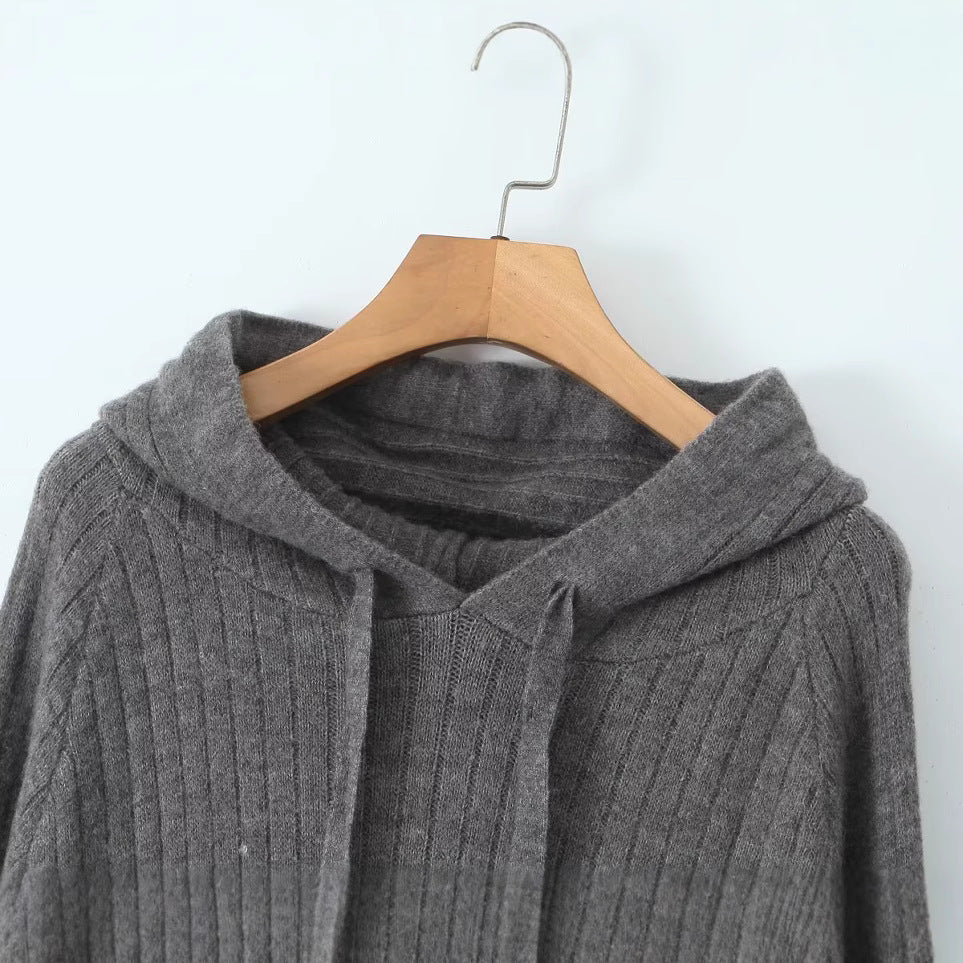 Damen Strickhoodiekleid Kapuze Rippenmuster Eveloria