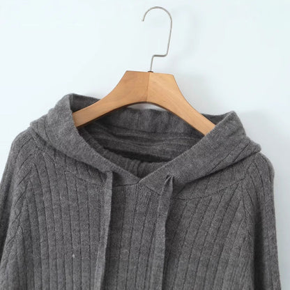 Damen Strickhoodiekleid Kapuze Rippenmuster Eveloria