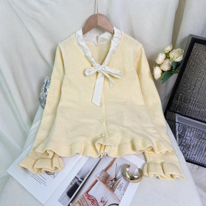 Damen Strickjacke Rüschen Schleifenkragen Elegante Eveloria
