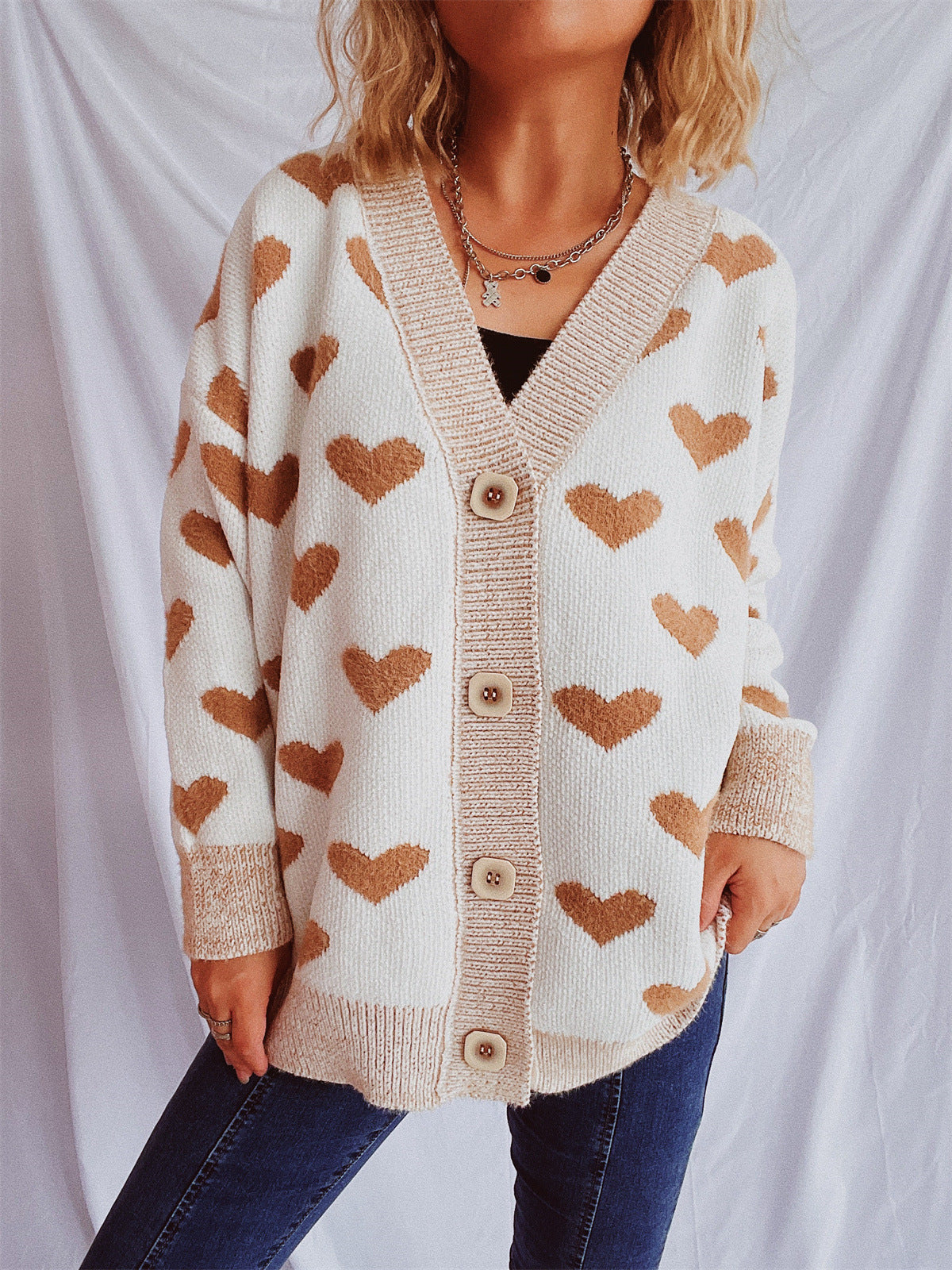 Damen Strickjacke Herzförmiges Muster Knöpfe