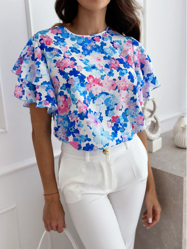 Damen Bluse Voluminöse Rüschenärmel Florales Design