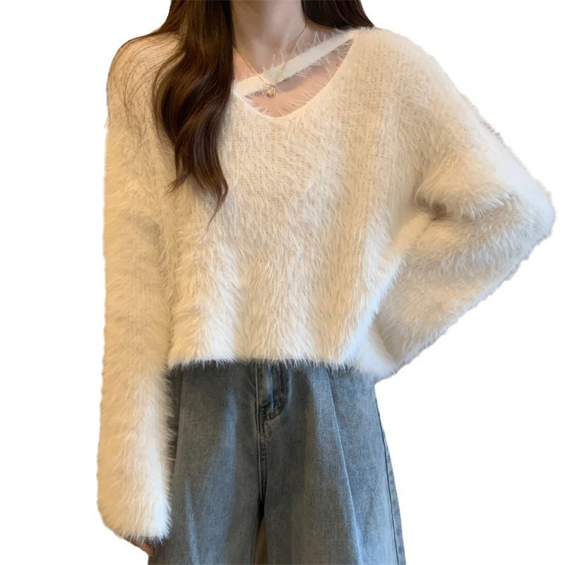 Damen Pullover Flauschig Lässiger Schnitt V-Ausschnitt Beige
