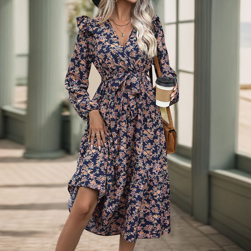 Damen Midi-Kleid Floralmuster Rüschen Elegant