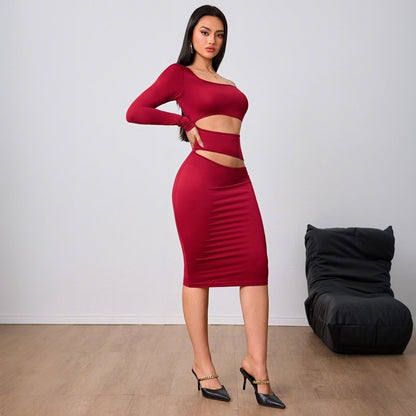 Damen Midi-Kleid mit Cut-Out-Details Asymmetrisch Langärmlig