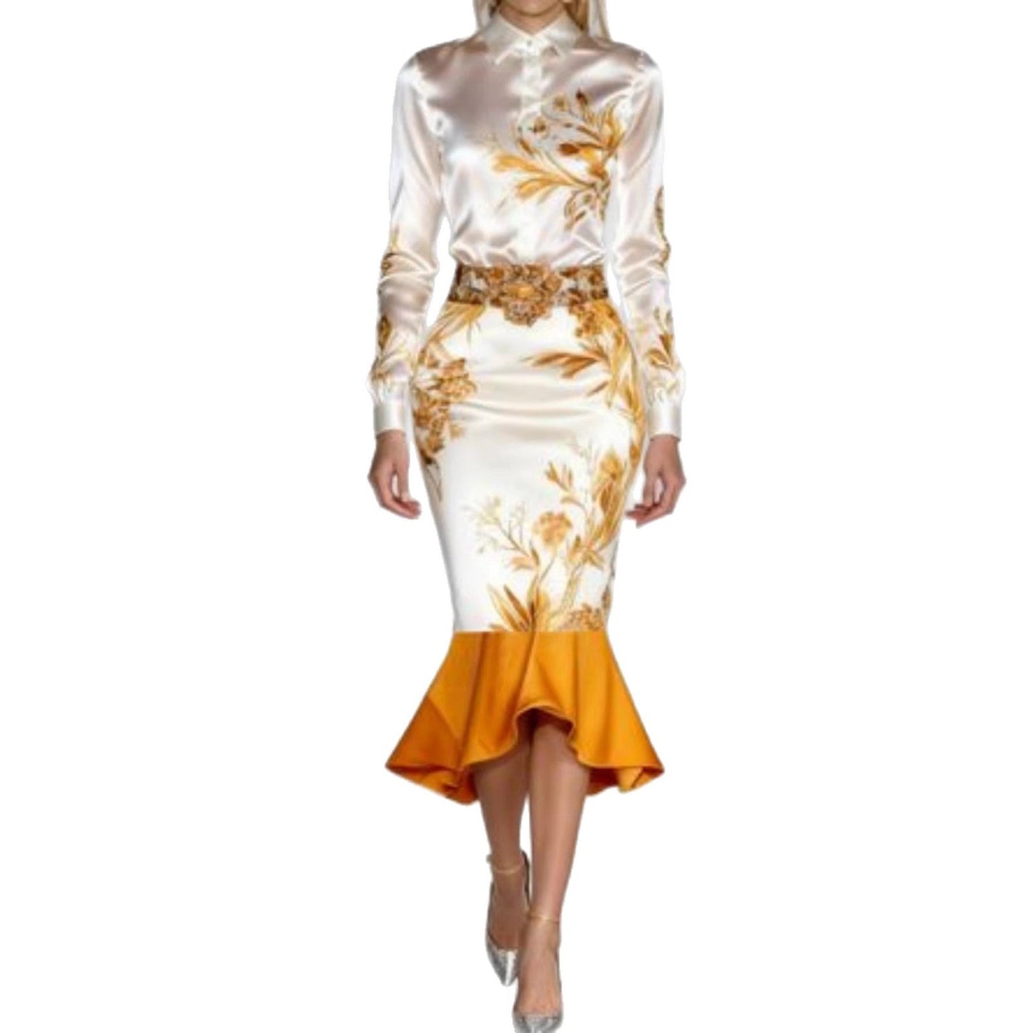 Damen Midi-Rock Blumenmuster Volantabschluss Eveloria