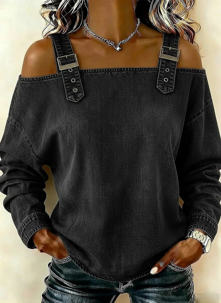 Damen Sweatshirt Lässig Dekorative Schulterdetails Grau Eveloria