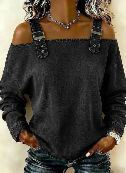 Damen Sweatshirt Lässig Dekorative Schulterdetails Grau Eveloria