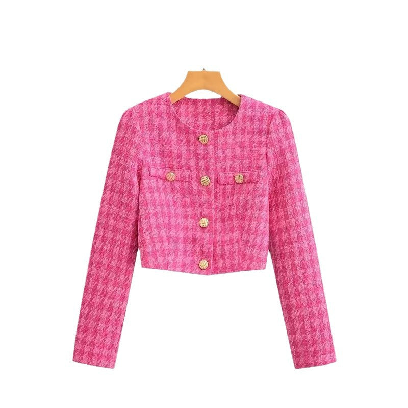 Damen Bouclé-Jacke Kurz Karomuster Elegant