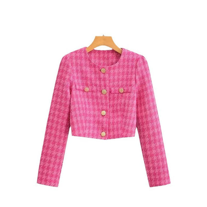 Damen Bouclé-Jacke Kurz Karomuster Elegant