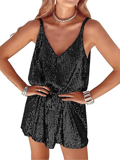 Damen Glitzer Jumpsuit V-Ausschnitt Elastisch Eveloria