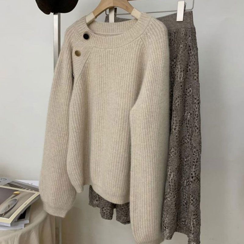 Damen Strickpullover Dekorative Knöpfe Bequem Eveloria