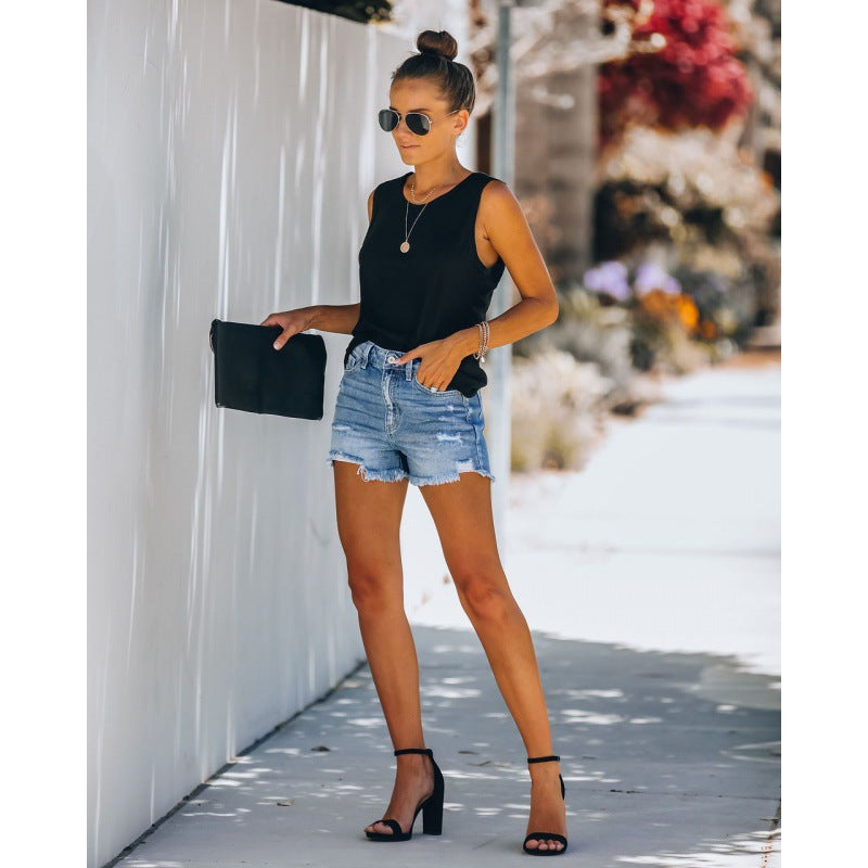 Damen Highwaist Jeansshorts Destroyed mit Fransen